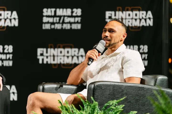 Keith Thurman talks during the PBC Opening Bell ahead of his fight with Sebastian Fundora. (March 25, 2026)