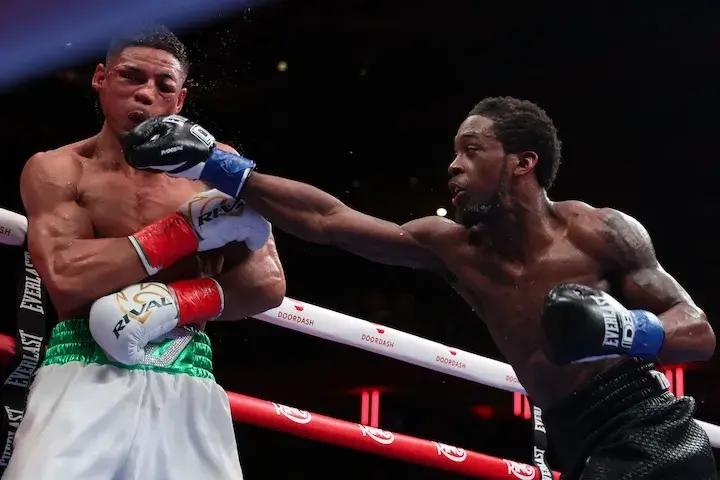 Keyshawn Davis (right) lands a punch on Jamaine Ortiz during their fight on January 31, 2026.