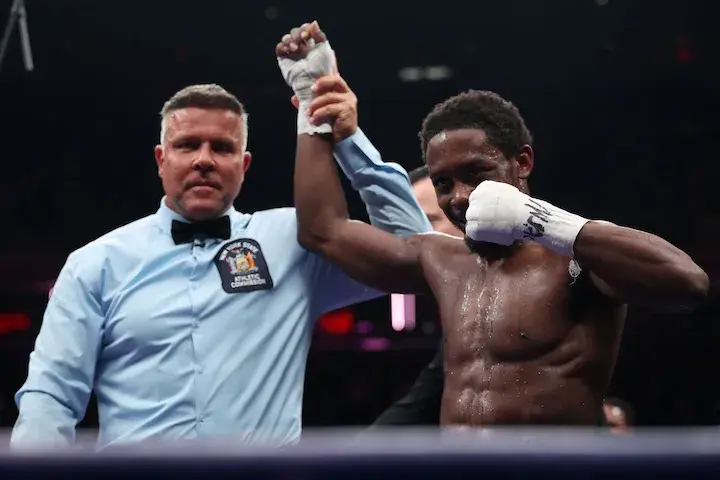 Keyshawn Davis (right) after stopping Jamaine Ortiz on January 31, 2026.