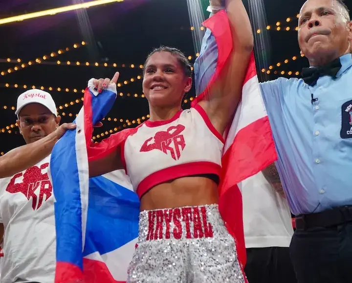 Krystal Rosado celebrates her win over Fernanda Reyes Delgado in New York City. (April 17, 2026)