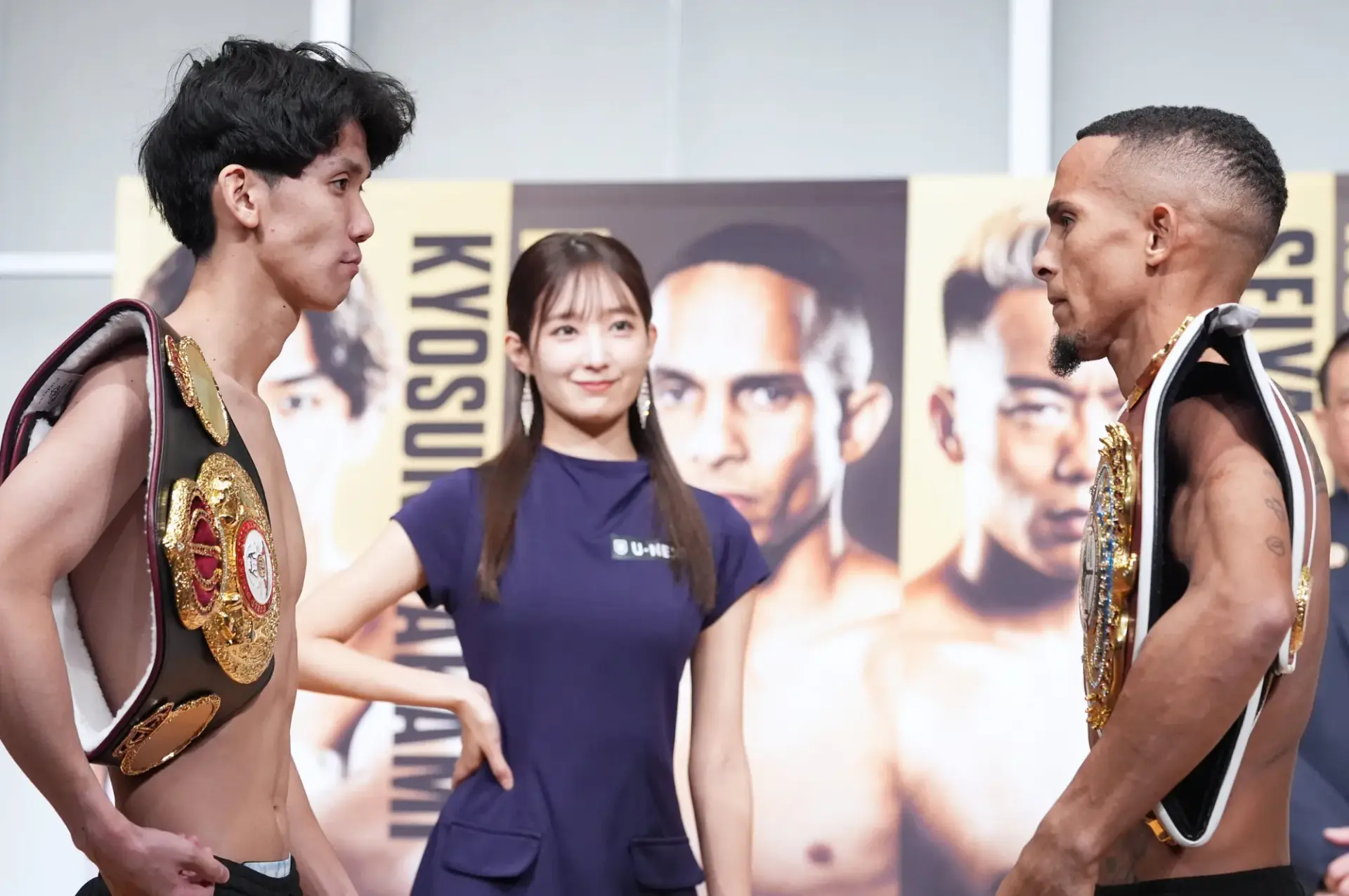 Kyosuke Takami and Rene Santiago stare each other down after making weight for WBA/WBO 108lbs title unification clash in Tokyo