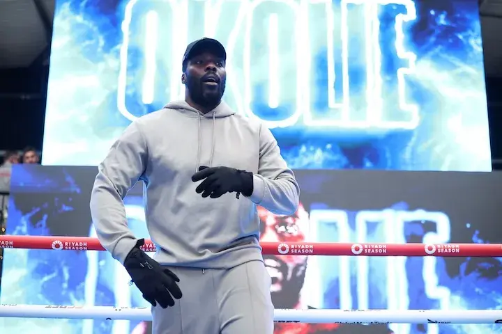 Lawrence Okolie stands in a boxing ring at a media workout on July 16, 2025.