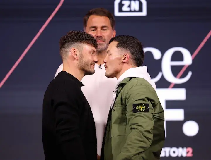 Leigh Wood and Josh Warrington during a media event for their rematch taken on November 27, 2025.