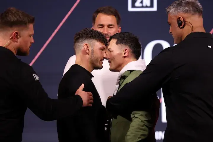 Leigh Wood and Josh Warrington during a media event for their rematch taken on November 27, 2025.