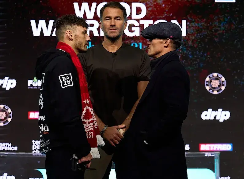 Leigh Wood (left) and Josh Warrington (right) face off at the press conference on February 19, 2026.