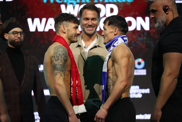 Leigh Wood (left) faces off with Josh Warrington (right) at the weigh-in ahead of their rematch. Photo taken on February 20, 2026.