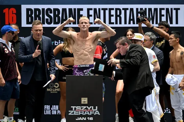 Liam Wilson makes weight for his fight with Rodex Piala.