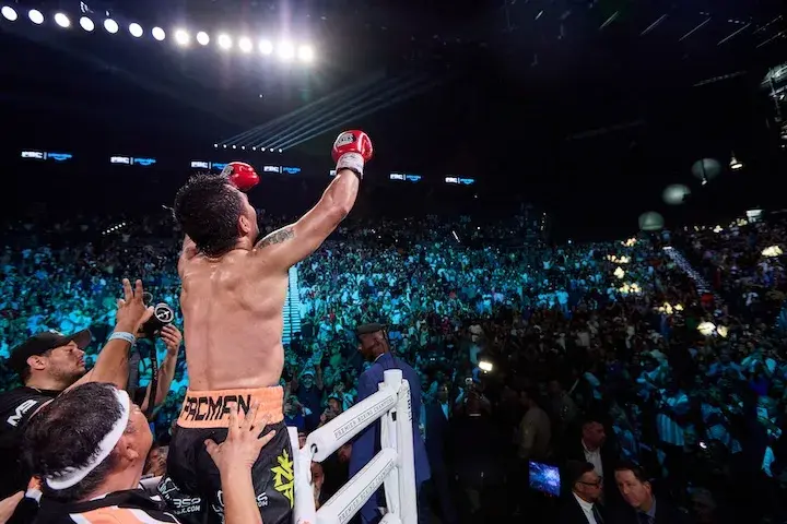 Manny Pacquiao celebrates after his fight with Mario Barrios on July 19,2025.