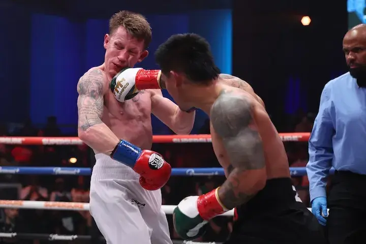 Mark Magsayo (right) lands a punch on Feargal McCrory during their fight on Easter Sunday at the Meta Apex in Las Vegs. (April 5, 2026)