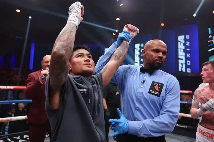 Mark Magsayo celebrates his win over Feargal McCrory on Easter Sunday at the Meta Apex in Las Vegs. (April 5, 2026)