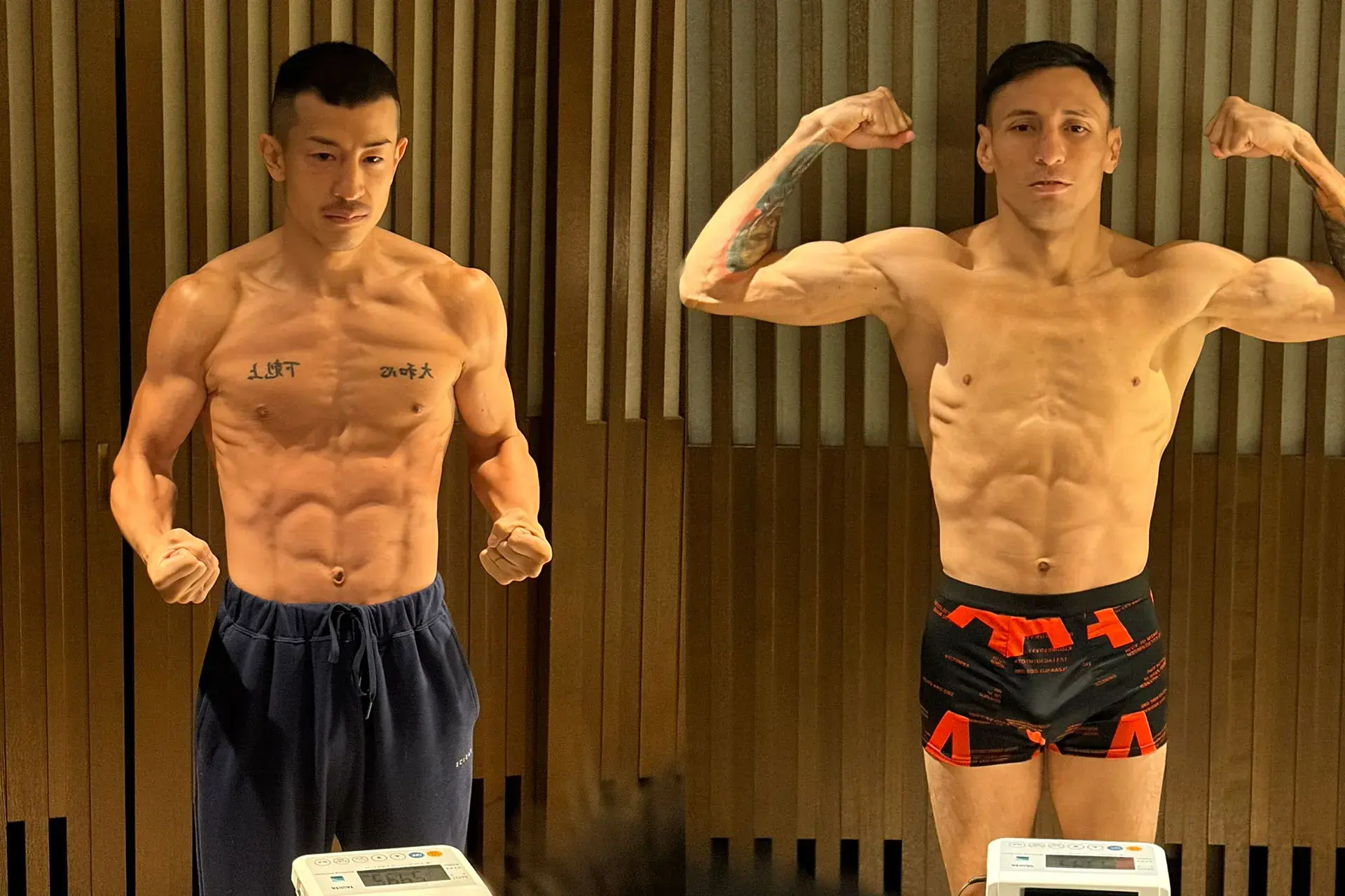 Masamichi Yabuki and Felix Alvarado make the same-day weight limit for their IBF flyweight title fight in Tokoname, Japan, on December 27, 2025.