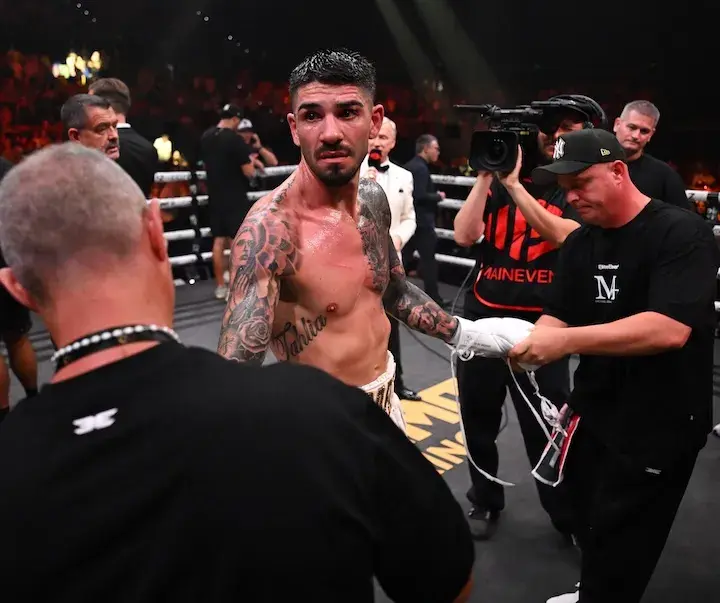 Michael Zerafa has his gloves removed after his boxing match with Nikita Tszyu is ruled a no-contest on January 16, 2026.
