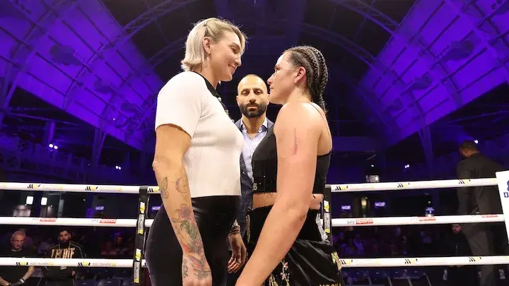Mikaela Mayer (left) and Chantelle Cameron (right) face off after Cameron defeated Michaela Kotaskova at Olympia in Kensington, London. (April 5, 2026)