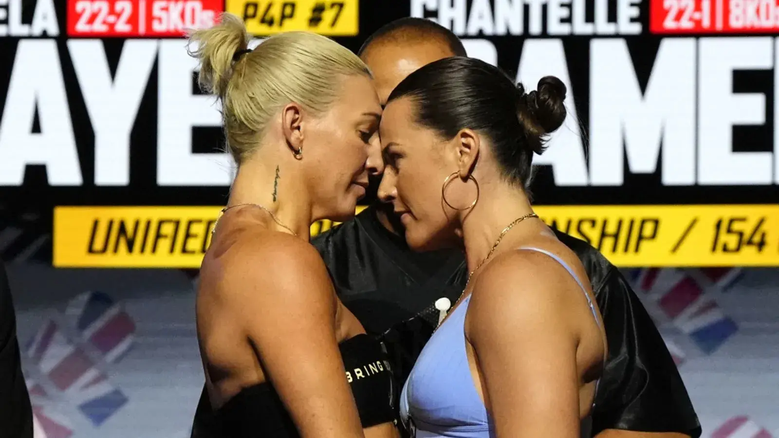Mikaela Mayer [left] and Chantelle Cameron go nose-to-nose on August 28, 2026