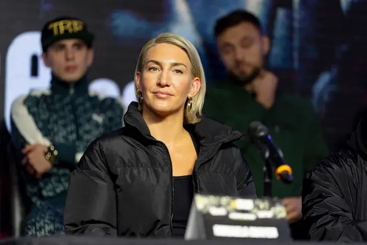 Mikaela Mayer appears at a press conference ahead of her junior middleweight unification bout against Mary Spencer, which Mayer won by a wide unanimous decision. (October 28, 2025)