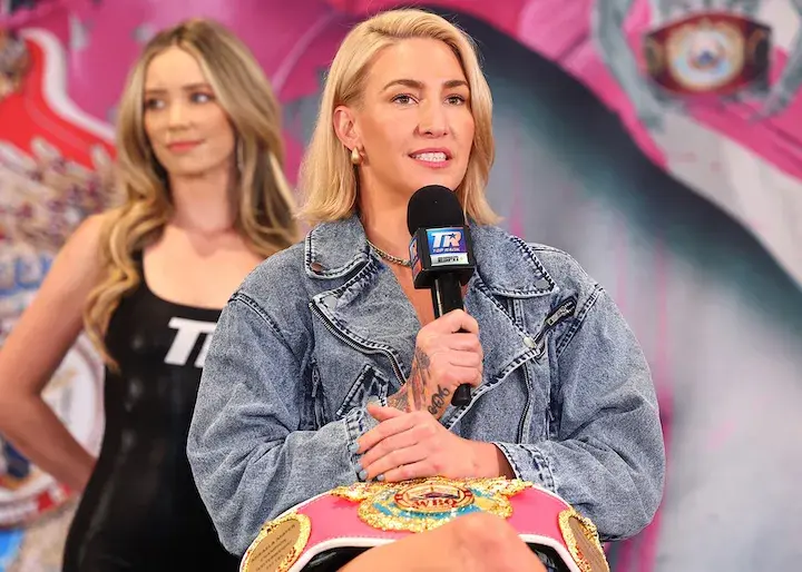 Mikaela Mayer addresses the media ahead of her battle with Sandy Ryan in 2025