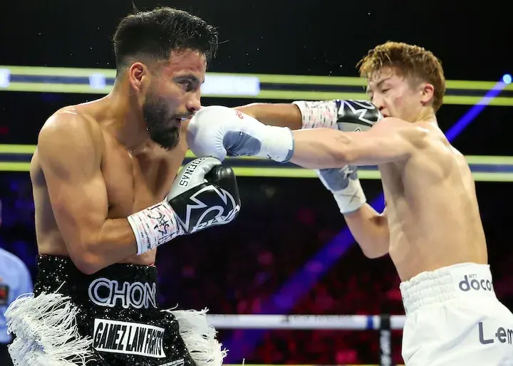 Naoya Inoue and Ramon Cardenas jab each other in their fight on May 4, 2025.