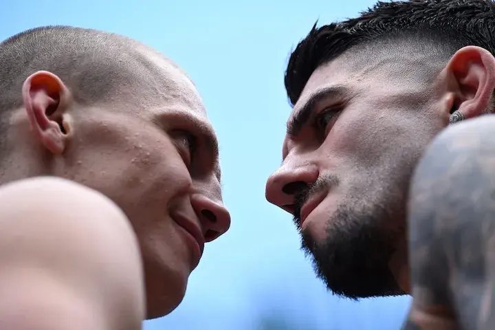 Nikita Tszyu (left) and Michael Zerafa go face-to-face at their weigh-in on January 14, 2026.