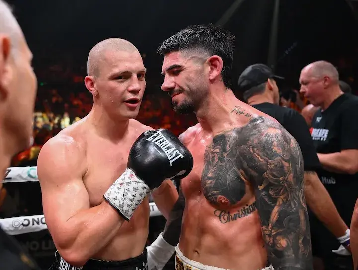 Nikita Tszyu and Michael Zerafa speak to each other after their bout is ruled a no-contest on January 16, 2026.