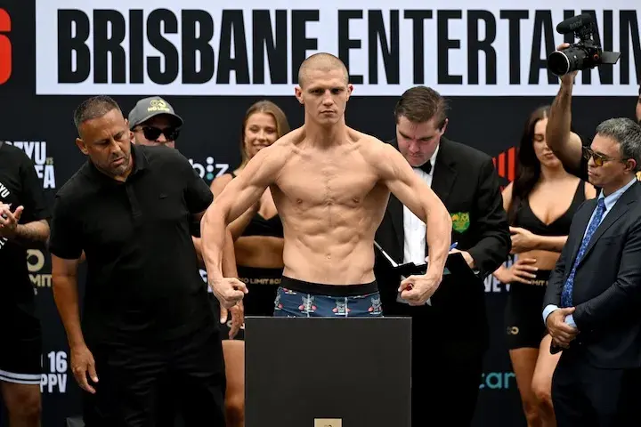 Nikita Tszyu makes weight for his fight with Michael Zerafa.
