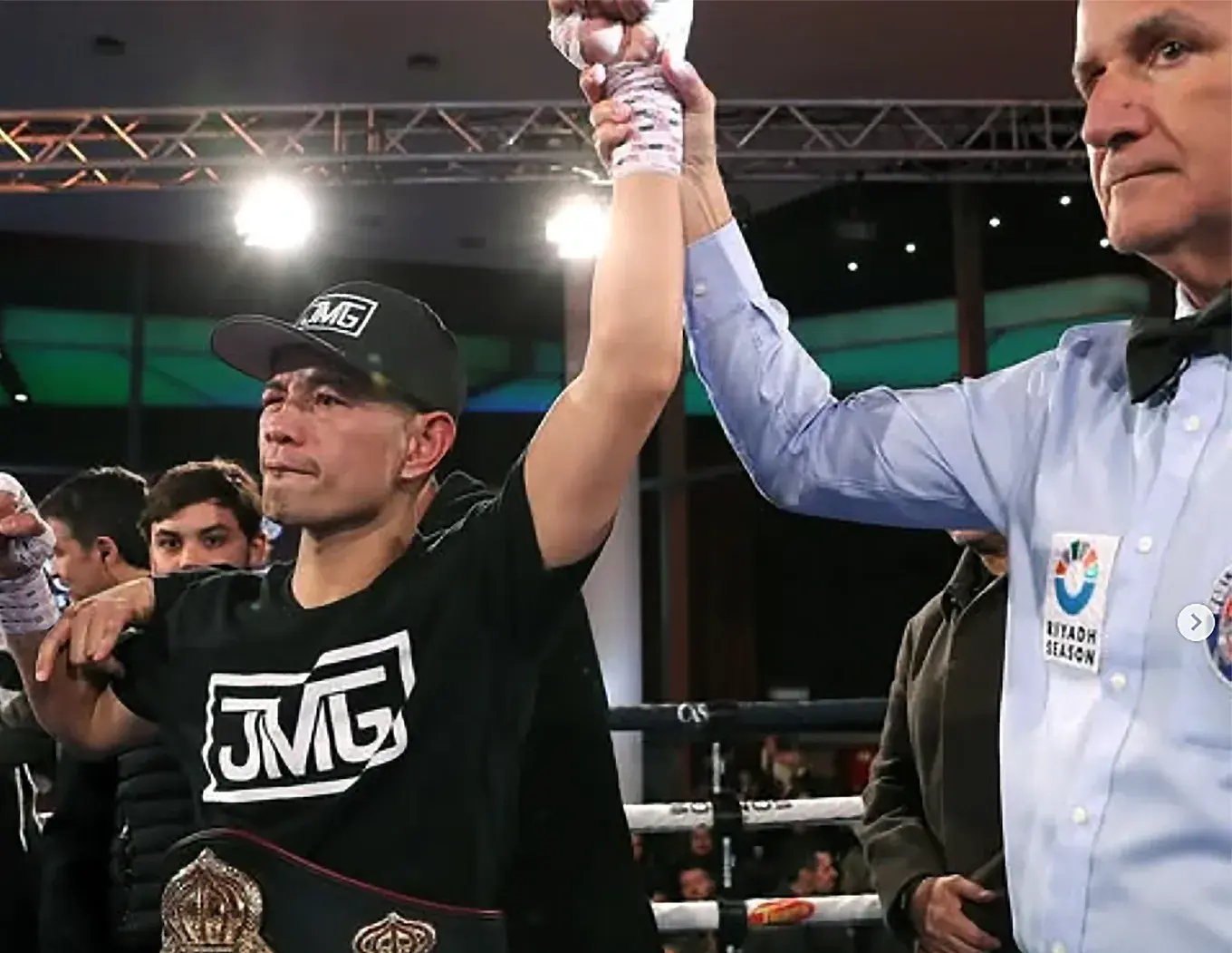 Nonito Donaire has his left arm raised in the air following his victory over Andres Campos on June 14,2025.
