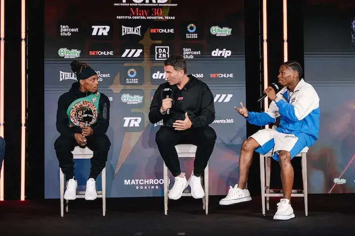 O'Shaquie Foster (left), promoter Eddie Hearn, and Raymond Ford at the press conference.  (April 24, 2026)