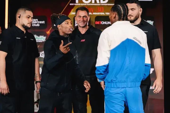 O'Shaquie Foster (left) and Raymond Ford face off at the press conference.  (April 24, 2026)
