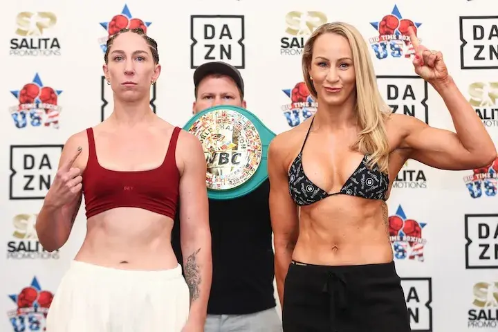 Olivia Curry and Kaye Scott stand next to each other after weighing in on September 18, 2025, for their fight for the WBA and WBC middleweight titles.