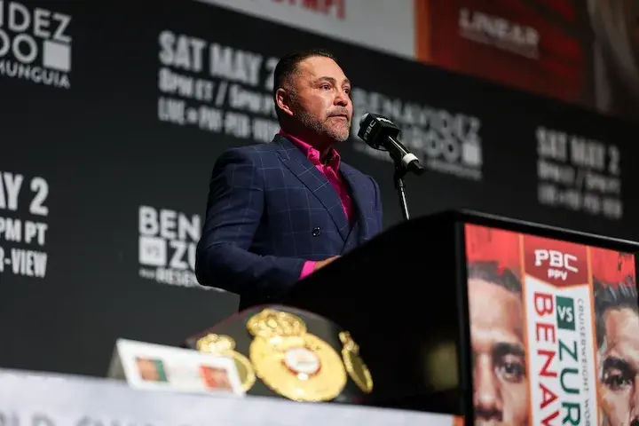 Oscar De La Hoya at the David Benavidez-Gilberto "Zurdo" Ramirez press conference in Las Vegas. (April 30, 2026)