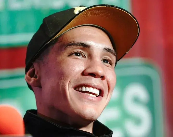 Oscar Valdez smiles at the weigh-in on September 5, 2025, the day before his boxing match with Richard Medina.