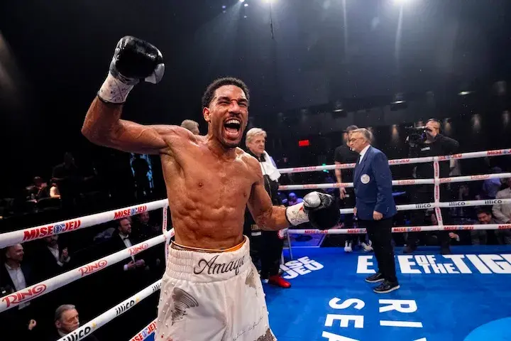 Osleys Iglesias celebrates winning the IBF super middleweight title with a stoppage victory over Pavel Silyagin at the Montreal Casino. (April 9, 2026)