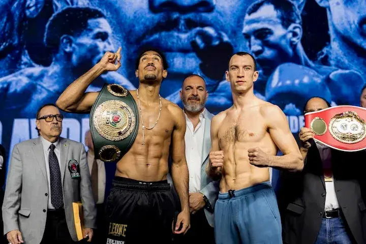 Osleys Iglesias (left) and Pavel Silyagin (right) pose at the weigh-in ahead of their vacant IBF super middleweight title fight. (April 8, 2026)