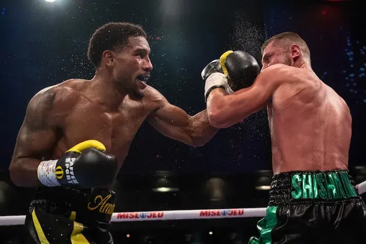 Osleys Iglesias throws a left hook at Vladimir Shishkin during their fight on September 4, 2025.