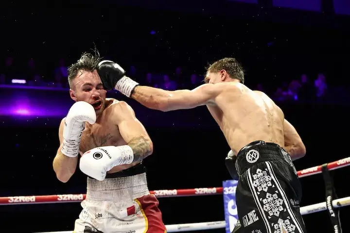 Constantin Ursu lands a right hand against Owen Cooper in his unanimous decision win Saturday at Vaillant Live in Derby, England.