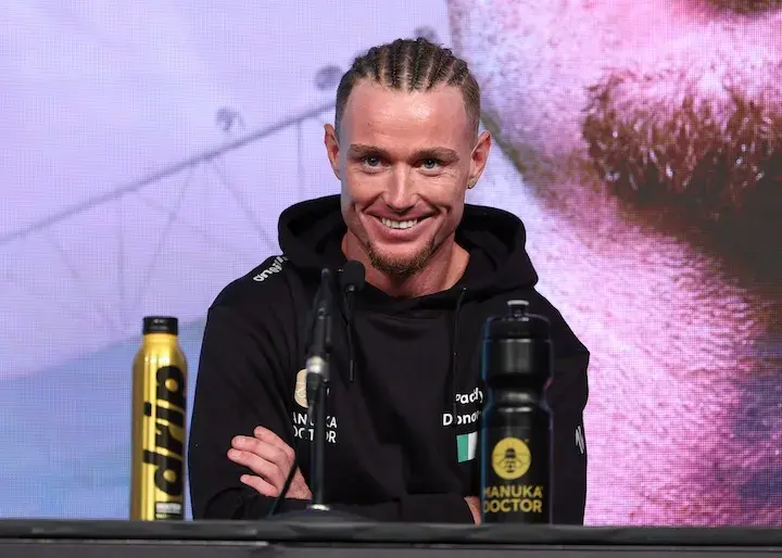 Paddy Donovan smiles at a press conference on September 11, 2025, ahead of his rematch with Lewis Crocker.