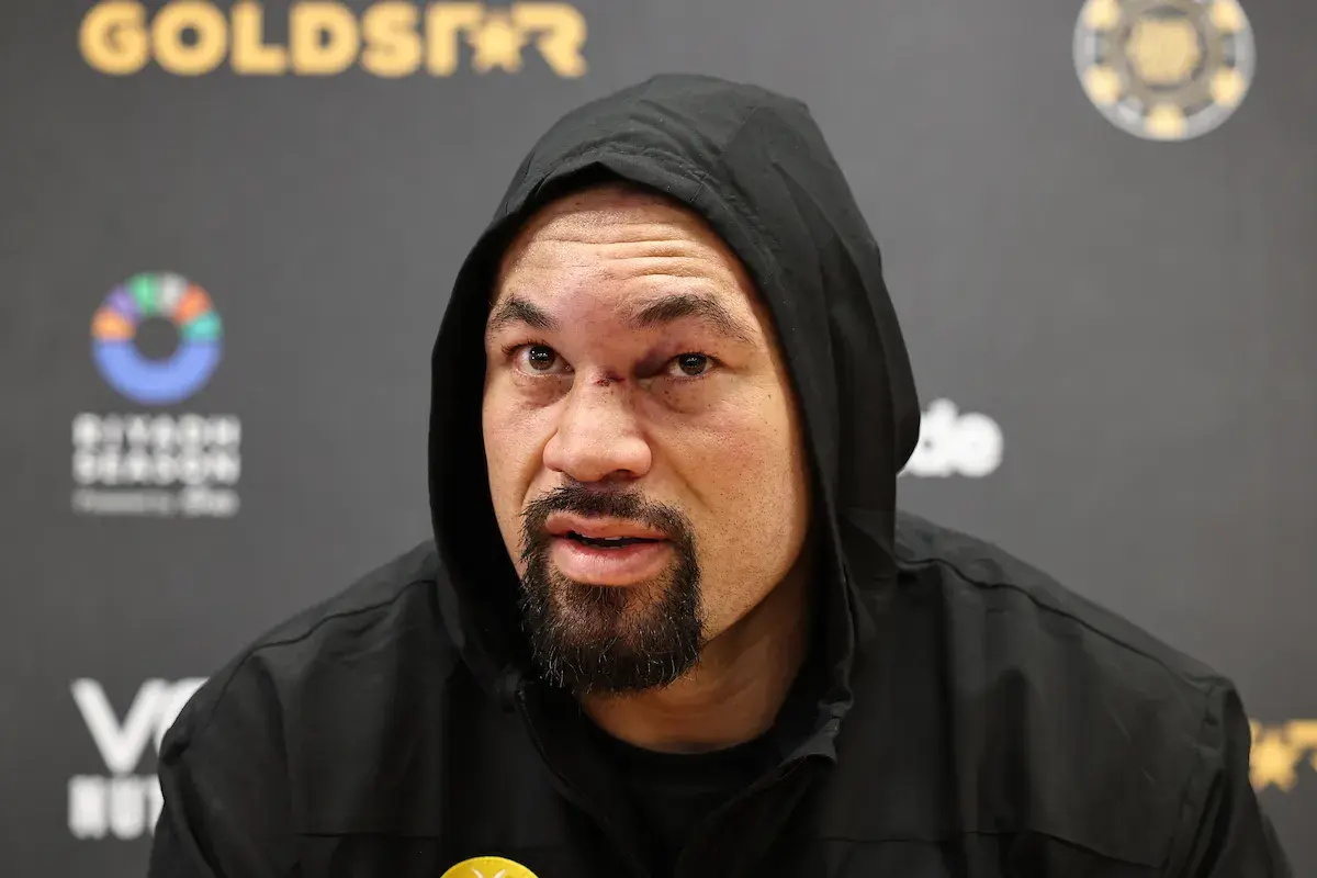 A hooded Joseph Parker is interviewed following his stoppage loss to Fabio Wardley on October 25, 2025.