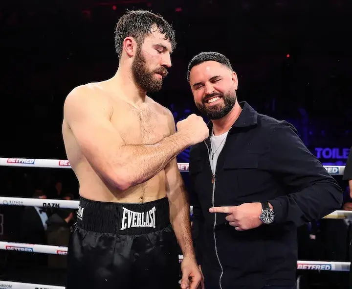 Pat Brown (left) with manager Sam Jones (right) after knocking out Vasil Ducar. (April 3, 2026)