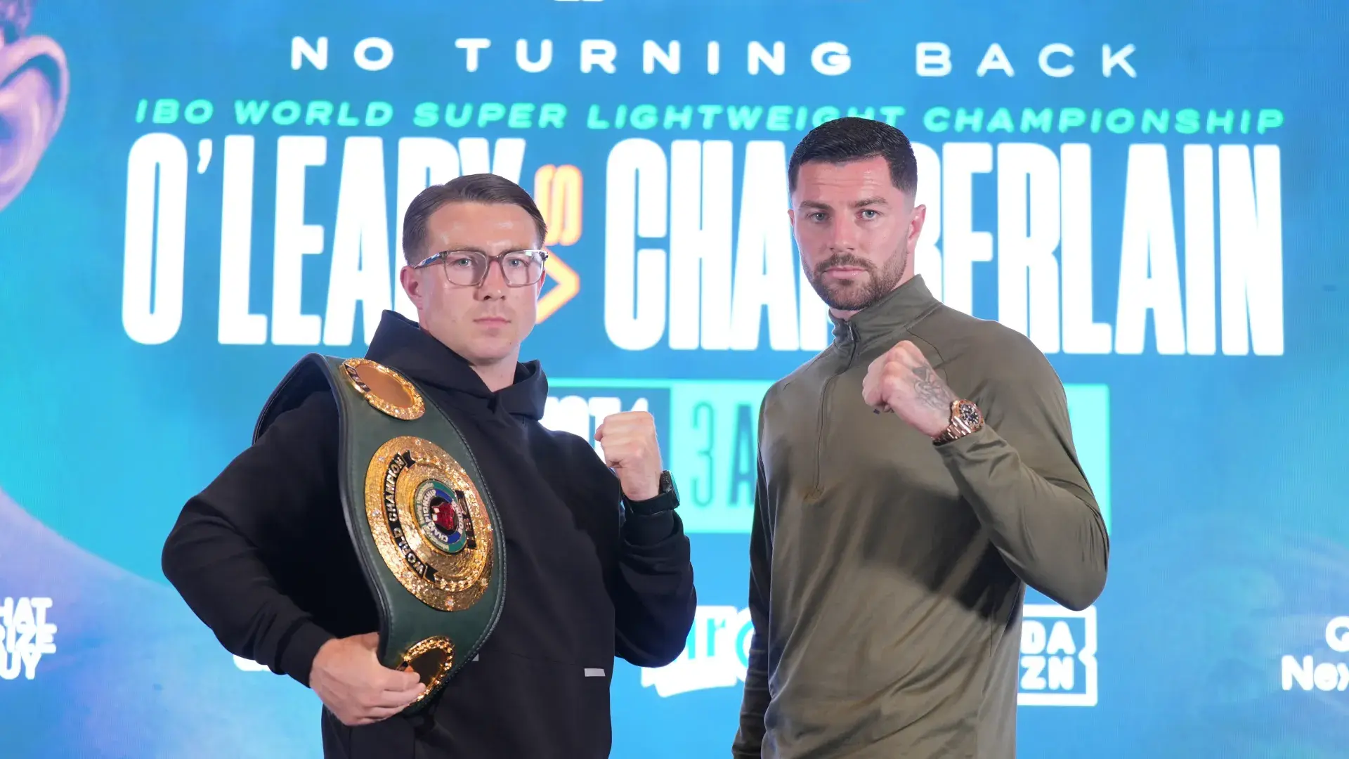Pierce O'Leary and Mark Chamberlain pose ahead of their August 1, 2026, showdown in Dublin