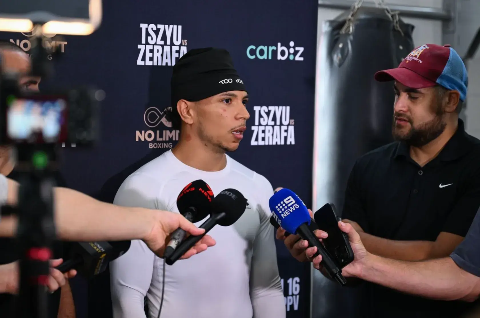 Middleweight prospect Rahim Mundine is interviewed by media.