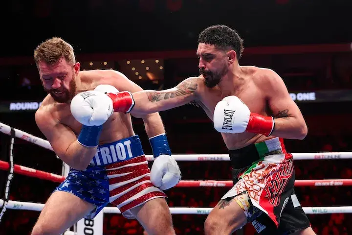 Raul Curiel lands a right hand on Jordan Panthen in their boxing match on January 16, 2026.