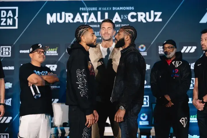 Raymond Muratalla and Andy Cruz pose at the press conferene ahead of their IBF lightweight title fight, photo taken on January 22 2026