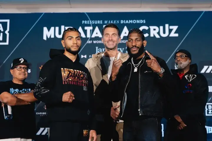 Raymond Muratalla and Andy Cruz pose at the press conferene ahead of their IBF lightweight title fight, photo taken on January 22 2026