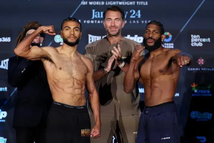 Raymond Muratalla (left) faces off with Andy Cruz (right) at the weigh-in ahead of Muratalla’s first defense of the IBF lightweight title, photo taken on January 23 2026