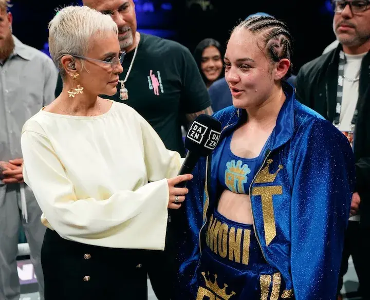 Reina Tellez takes questions after boxing Amanda Serrano