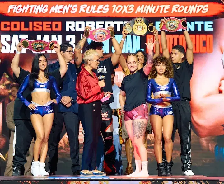 Reina Tellez waves to those in attendance at the weigh-in on January 2, 2026, ahead of her fight with Amanda Serrano.