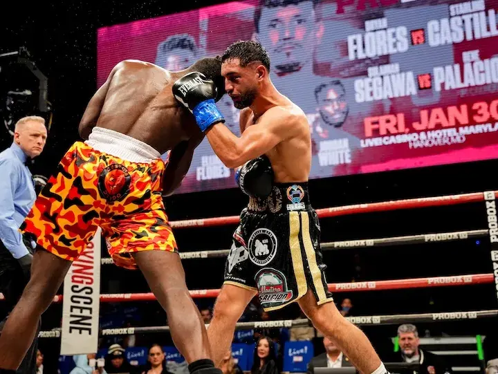 Rene Palacios (right) exchanges punches with Sulaiman Segawa in their fight on January 30, 2026.