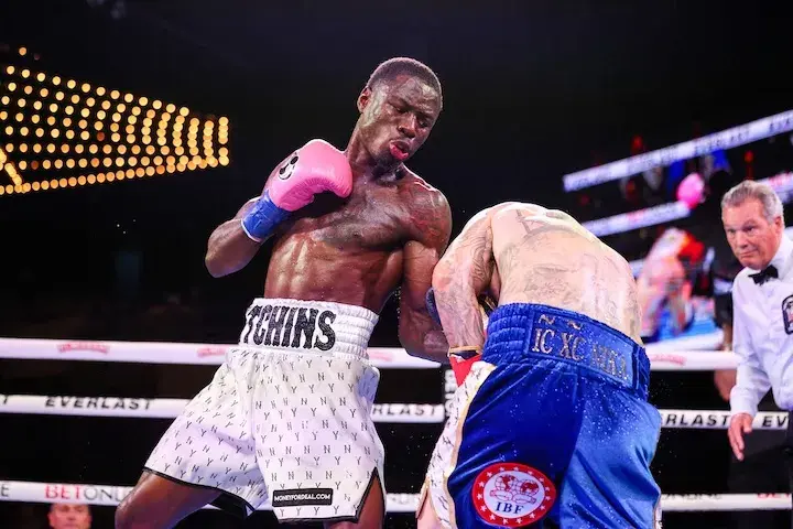 Richardson Hitchins lands a left hook to the body of George Kambosos en route to victory on June 14, 2025.