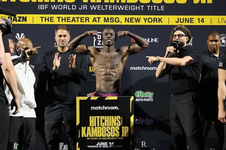 Richardson Hitchins weighs in for his June 2025 bout with George Kambosos Jnr.