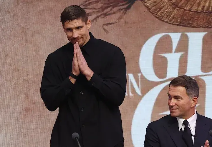 Rico Verhoeven arrives to the London press conference for his fight against Oleksandr Usyk. (April 14, 2026)