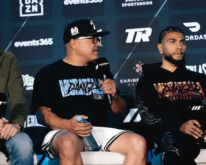 Robert Garcia talks at the press conference on January 22 2026, ahead of his fighter, Raymond Muratalla'first IBF lightweight title defense against Andy Cruz